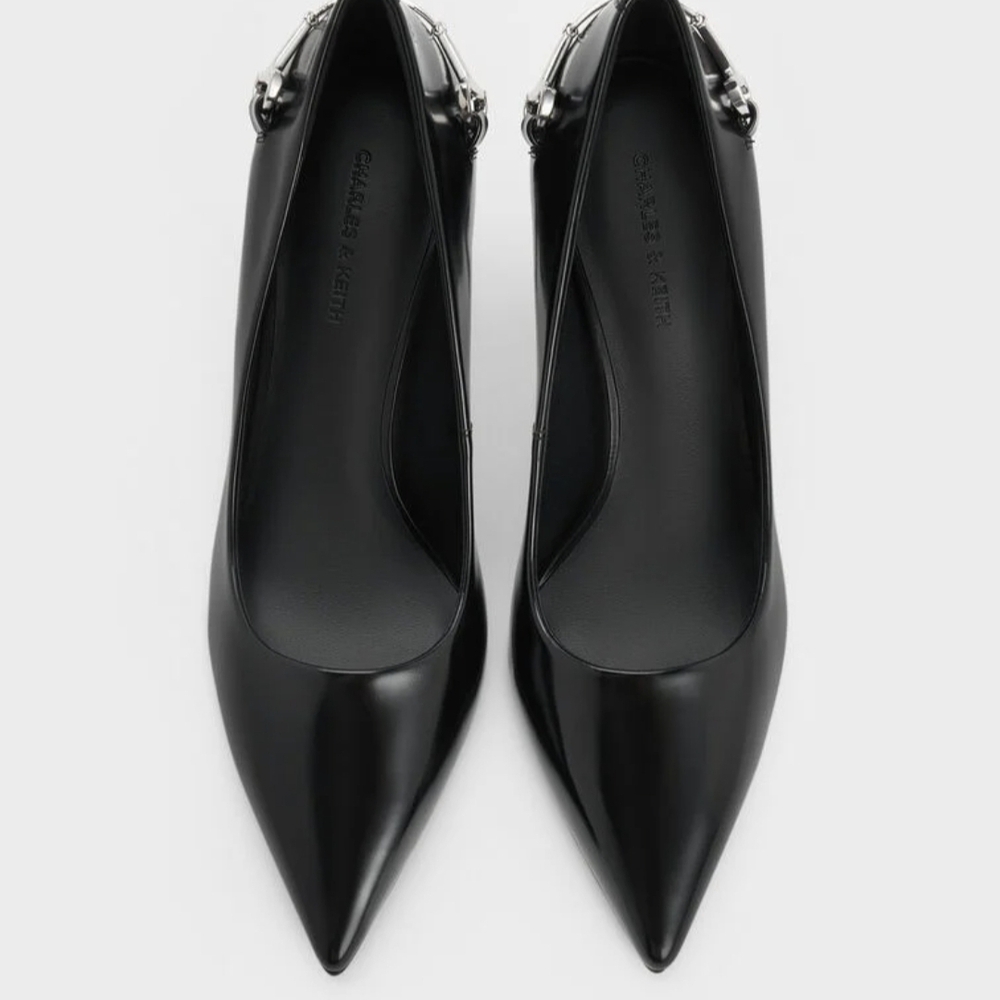 Charles & Keith Black Pointed Heels with Silver Accents